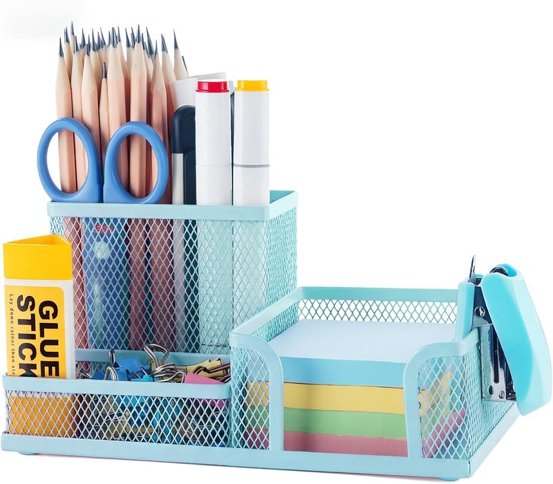 MG Mesh Pen Holder Desk Organizers Pencil Holder for Desk Light Blue, 3 Compartments Metal Office Supply Organizer with Sticky Notes Holder for Home Office - Image 1